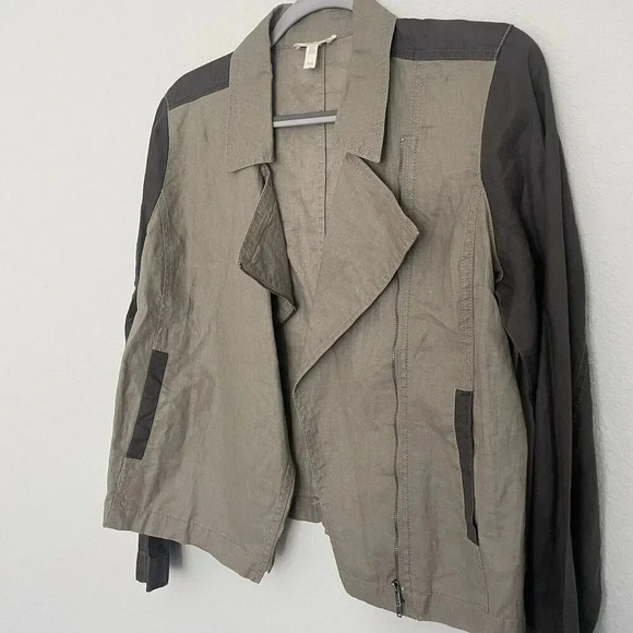 Eileen Fisher Moto Jacket Medium Brown Tan Organic Linen Zip Front - Picture 4 of 10